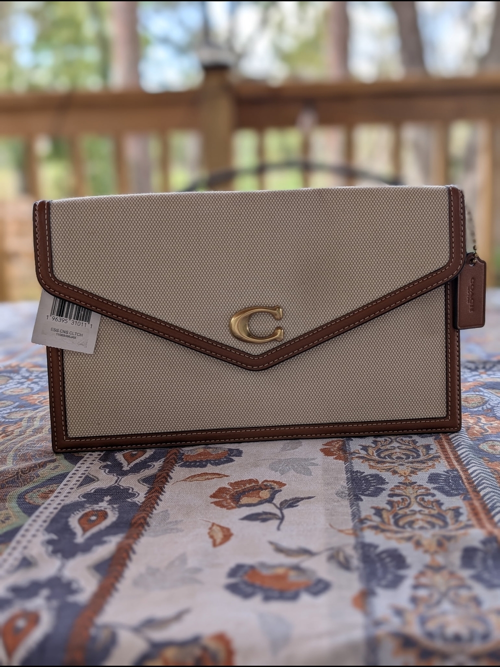 Coach Cream Canvas Envelope Clutch with Brown Trim and Gold 'C'